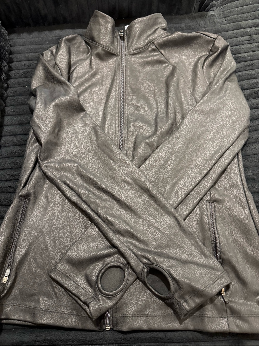 Metallic Snake Print Black Zip-Up Jacket with Thumbholes